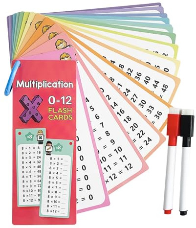 Times Tables Flash Cards 0-12 Times Table Math Flash Cards with 2 Dry Erase Pens, Math Practice Cards for Multiplication Game and Educational Math for 1st to 3rd Grades