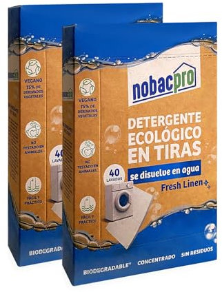 NobacPro - Detergente en Tiras para Lavadora | Hasta 80 Lavados - 40 Tiras | Olor Fresh Linen | 100% Ecológico | Hipoalergénico y vegano | No contiene plásticos | Fabricado en España