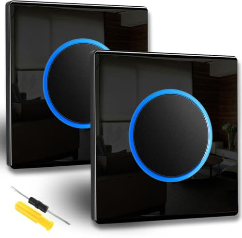 Acmerota Circle Push Button 1 Gang 2 Way Light Switch with LED Indicator - Glass Panel 10A ON/Off Switch for Home Office School - Pack of 2