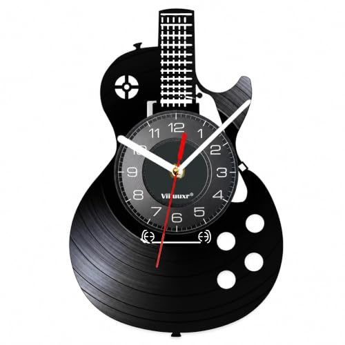 Viiluuxr Gitarren-Wanduhr 30 cm, leise Vinyl-Uhr, Musikzimmer Deko Retro | 30 cm Vinyl-Schallplatten-Wanduhr im Gitarrenkorpus-Design, leises Quarzwerk für Musiker, Musikzimmer, Studio und Wohnzimmer