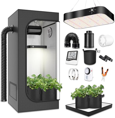 Growzelt Komplettset 60x60x180cm Grow Tent Kit mit 200W LED Vollspektrum Grow Lampe Dimmbar, GrowZelt Kit Komplettes Hydroponics Grow Tent Complete Set