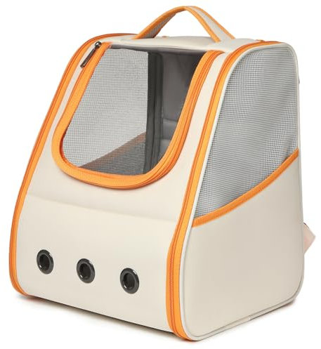 Dogat Katzenrucksack, Faltbar, Haustier Rucksäcke für Katzen Hunde, Leicht, Stabil & Multifunktional mit Seitlichen und Oberen Öffnungen, Opening-Mesh Fenstertaschen, Orange+Weiß
