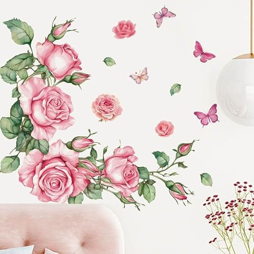 Rosa Rose Wandtattoos Floral Schmetterling Wandaufkleber 67x67cm Aquarell Stil Dekorative Kunst für Home Badezimmer Wohnzimmer