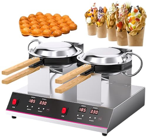 pealiritansemen Bubble Waffle Maker, Eggettes Waffle Machine - 180° Rotary Non-Stick Teflon Baking Mold, With Digital Display & Wood Handle, 50-250°C Temp Control & 0-9 Min Timing,DoubleHead