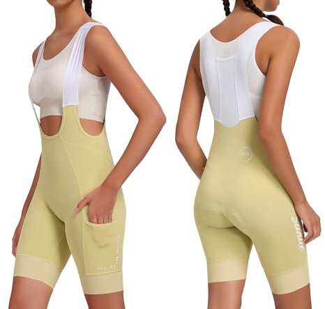 Santic Radlerhose Damen Gepolstert Radhose mit Träger Fahrrad-Trägerhose Damen Bib Shorts Fahrradhose 4D Sitpolstert Tasche Gelb M