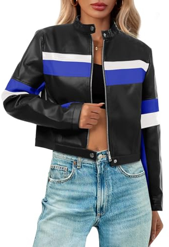 Tankaneo Womens Cropped Moto Biker Jackets Faux Leather Bomber Jacket Color Block Vintage Racing Coats