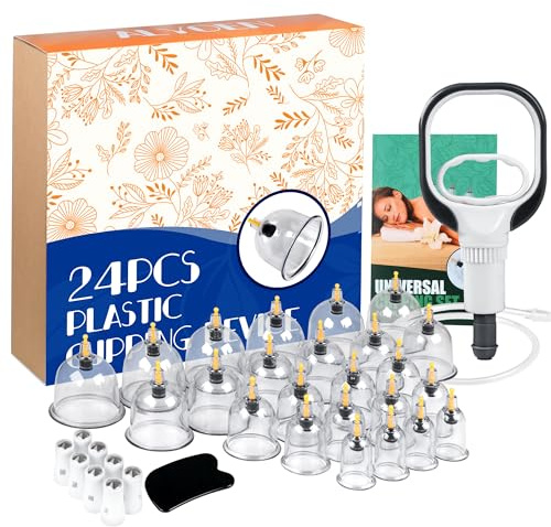 24 Stück Schröpfgläser mit Vakuumpumpe, Schröpfset für Gesicht und Körper, Cupping Set aus Kunststoff mit Akupressurpunkt Magneten & faszienschaber, Schröpfen zur Gegen Spannung & Entspannen Muskeln ﻿