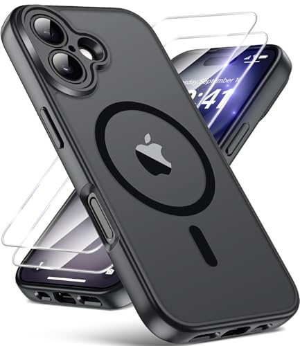 FLLAO Magnetic for iPhone 16 Case with 2 HD Screen Protector, Black | 2 Tempered Glass, Full Camera Protection, Military-Grade Shockproof, Slim Translucent Matte Hard Back Bumper Phone Cover