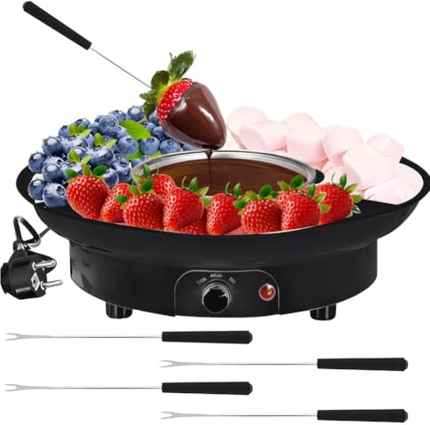 Fonduta di cioccolato, fonduta elettrica, fontana di cioccolato, in acciaio inox, con 4 forchette, 2 livelli di temperatura per sciogliere e mantenere il caldo, per cioccolato, frutta, biscotti