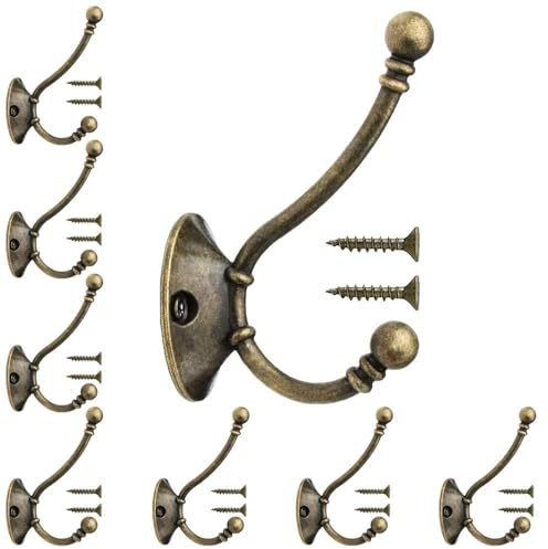 CxutSa 8pcs Brass Coat Hooks Wall Mounted Door Hooks Antique Brass Hooks for Hanging Clothes Double Robe Hooks Vintage Hooks Heavy Duty Metal Hooks for Wall Door Bathroom Kitchen