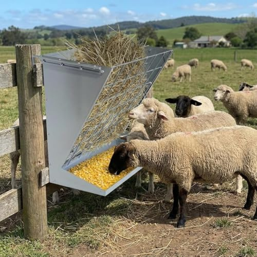 Großes Heuraufe, 2 In 1 Große Heu-Futterspender Futterautomat mit Heu- und Getreide-/Salzfutterautomat, 60cm Hängende Futterraufe aus Stahl für Schafe, Ziegen & Pferde im Innen- & Außenbereich-Silber