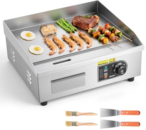 VEVOR Commercial Electric Griddle, 17.72 x 11.81 inch, 1750W, 122-570°F Adjustable Temp Control, Stainless Steel Countertop Flat Top Grill with 2 Spatulas, 2 Brushes, and 4 Foot Pads, for Steak
