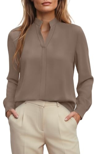 WIHOLL Long Sleeve Tops Blouses for Women UK V Neck Blouse Stand Collar Top Autumn Tunic Tops for Ladies Khaki S