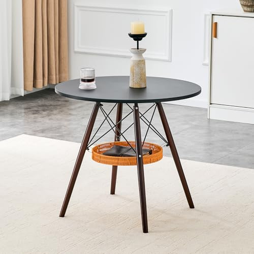 Table à Manger Ronde en Bois Massif, Salon et Cuisine, Noyer et Noir, 80 cm