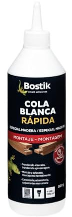 BOSTIK COLA BLANCA RÁPIDA, Especial Madera, Carpintería y Ebanistería, Translúcido al Secado, Montaje y Aplacado, Resistente a la Humedad, Clasificación D2, Secado Rápido, Polivalente, Biberón 500 g