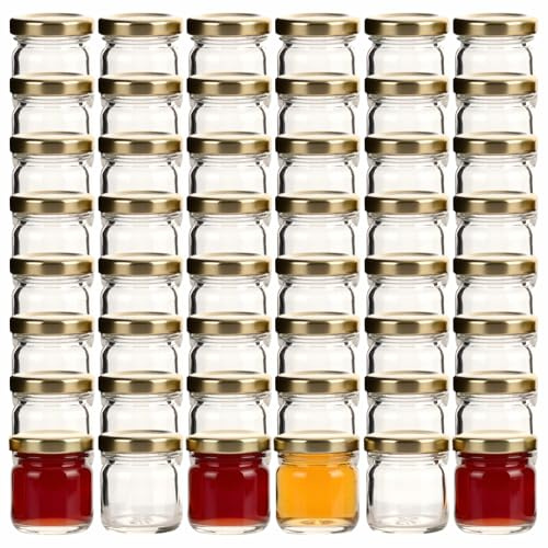 gouveo 48er Set Einmachgläser 40 ml Mini mit Schraubdeckel goldfarben - Mini Vorratsgläser mit Drehverschluss TO43 - Mini Schraubglas zum Einkochen für Marmelade, Konfitüre (EGR040G)