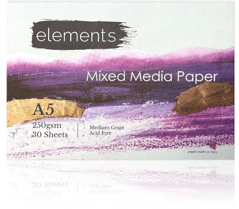Elements A5 Mixed Media Paper – 250gsm Cold-Pressed Glue Bound Sketchpad – Acid-Free Painting Paper for Watercolour, Acrylics, Pencils, Ink and Markers, 30 Sheets
