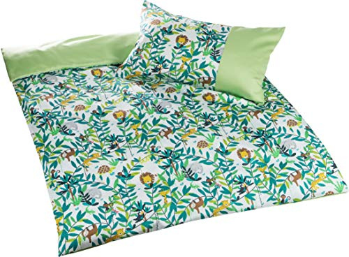 Bettwaesche-mit-Stil Mako Satin Kinderbettwäsche Dschungel Faultier AFFE Löwe (Grün, 135x200 + 80x80 cm) 100% Baumwolle