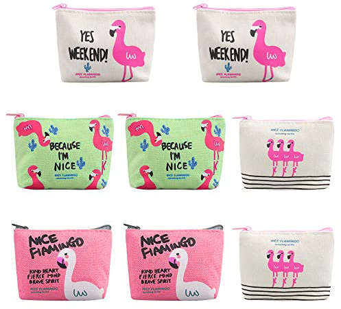 Dadabig 8 Pezzi Portamonete Fenicottero in Tela Portafoglio Piccolo con Cerniera Borsa Fenicottero della Monete di Tela per Donna Uomo Ragazzi-4stili(3colori)