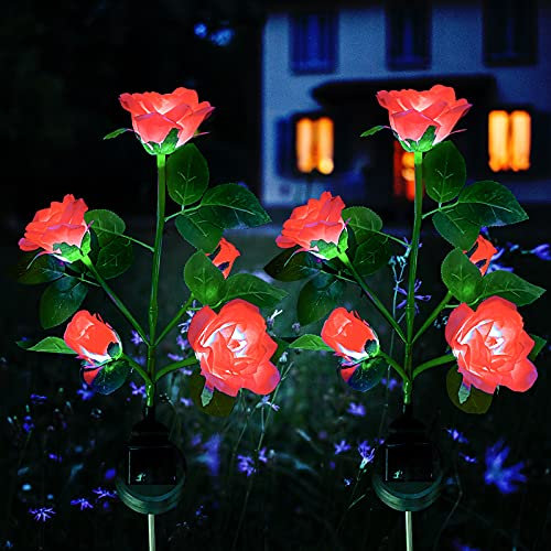 XVZ Luci Solari Giardino Esterno, fiore di rosa più grande e ampio pannello solare LED Lampada Solare da Esterno impermeabile, decorazione per giardino, terrazza, Nozze, Festa (rosso 2 pezzi)
