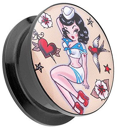 Taffstyle Ohr Plug Flesh Tunnel Piercing Ohrpiercing Kunststoff Schraub Schraubverschluß Picture mit Rockabilly Matrosen Mädchen Pin Up Sailor Motiv 6mm