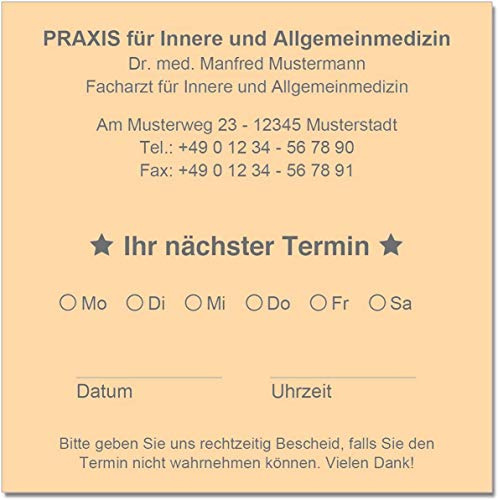 Terminzettel Terminkarten nächster Termin mit Ihrer Adresse personalisiert in praktischer Zettelbox mit Stiftehalter 10 x 10 cm (lachs)