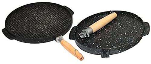 FOFO' Bistecchiera Antiaderente Pietra Padella a Doppia Faccia, Lati Grill e Liscio, Padella Manico Removibile in Legno Ø 32 cm. con spugna antierende inclusa