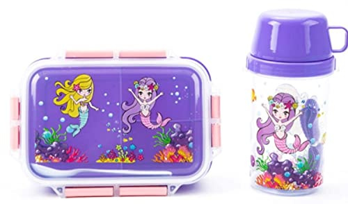 OM SUPPLIES Mermaid Sandwich Lunch Snack Box 3 Multi Compartment with Bottle 450ml Kids Children School (Mermaid)
