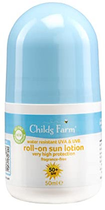 Childs Farm Kids And Baby Sonnenlotion Roll-On LSF 50plus Wasserabweisend UVA und UVB Sehr hoher Schutz Geeignet trockene, empfindliche und zu Ekzemen neigende Haut 50 ml, Weiß, 1, 85,65 g