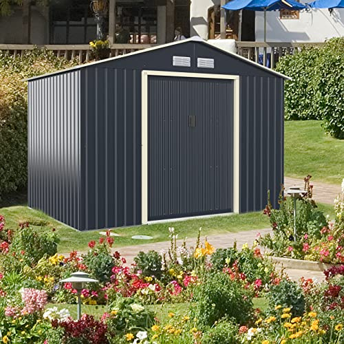 GYMAX Casetta da Giardino degli Attrezzi, con Ampio Spazio di Stoccaggio, Dimensioni Estensibili, Struttura in Acciaio, 4 Sfiati per Ventilazione, con Anta Scorrevole (Casetta degli Attrezzi)