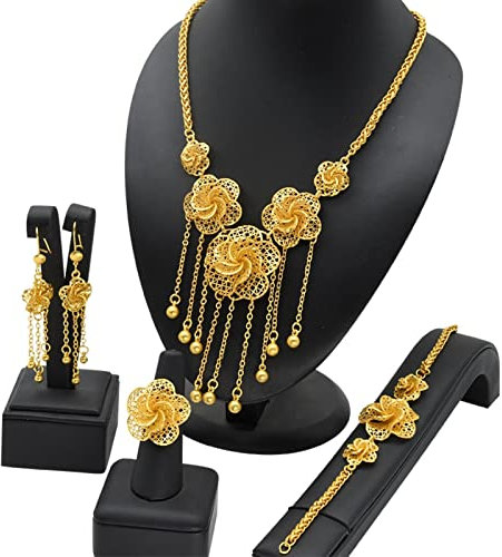 LAYCHEN Dubai Schmuck-set Große Nigerianische Indische Halsketten Ohrringe Ringe Sets Blume Mit Quaste Schmuck Hochzeit