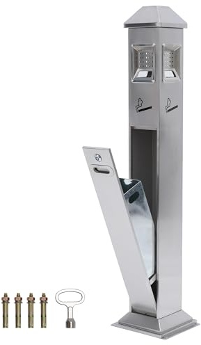 Nisorpa 1.2M Floor Standing Ash Trays Outdoor,Garden Ashtrays for Outside Cigarette Bin Smoking Bin Stainless Steel,Outside Ashtray Free Standing Vertical Trash Bin w/Key (Silver)