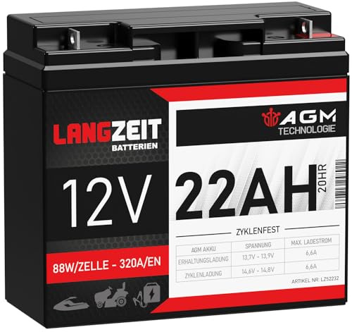 LANGZEIT Akku 12V 22Ah AGM Rasentraktor Batterie Hochstrombatterie ers 20Ah