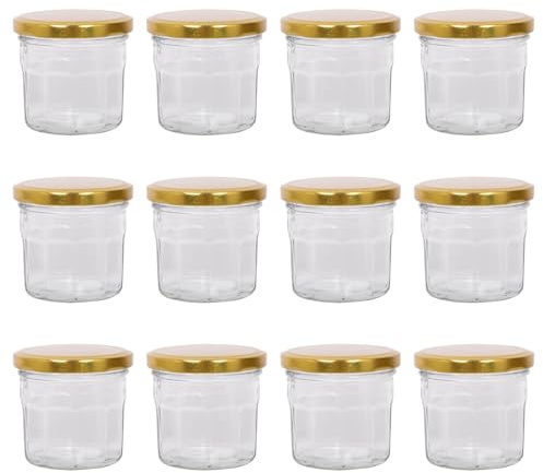 Argon Tableware Glass Jam Jars with Airtight Gold Lids - 130ml - Pack of 12 - Empty Screw Top Kitchen Storage Jar for Food, Honey, Spice, Pickling, Preserving, Candle Making