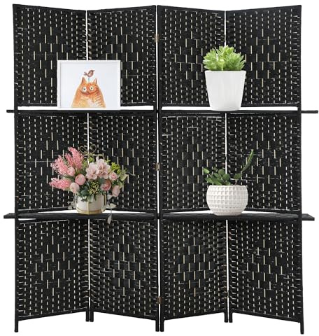 Room Divider 4 Panel Room Screen Divider Wooden Screen Folding Portable Partition Screen Wood with Removable Storage Shelves Color,Black