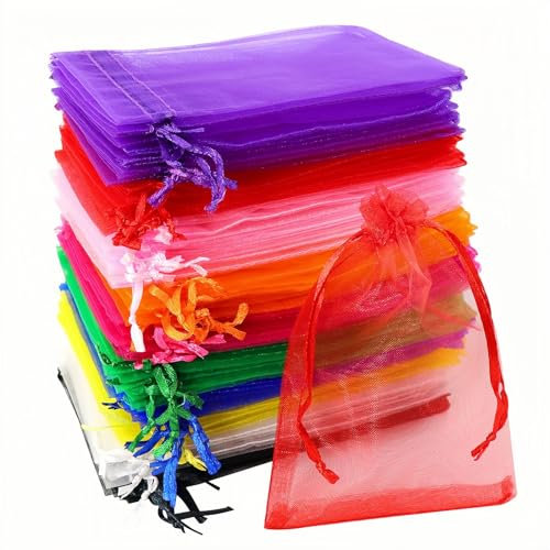 Soodyoow 100 Stück Organzasäckchen, 10 x 15cm Bunt Organzabeutel, Geschenkbeutel mit Kordelzug, Bunt Schmuckbeutel, für Weihnachten Hochzeit Geburtstag Party (10 Farben)