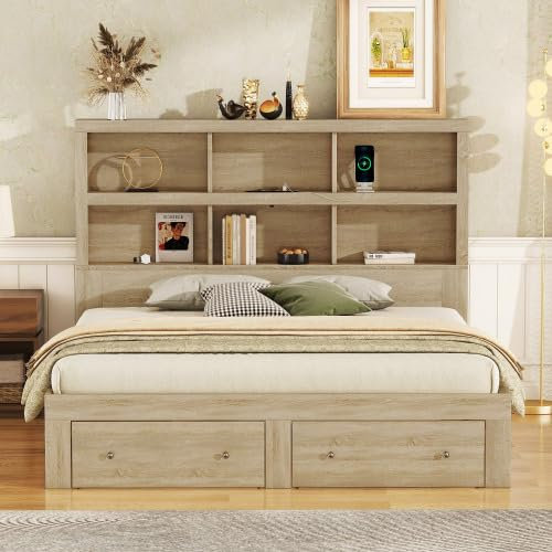 SogesHome Marco de Cama de 160 x 200 cm, Cama Doble de Madera Maciza, Cama King Size con Dos cajones a los pies de la Cama, cabecero con Espacio de Almacenamiento