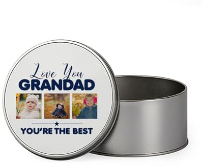 Personalised Photo, Father's Day Gift, Love You Grandad You're The Best, Metal Tin Storage Box, Biscuit, Chocolate,Tin, Emergency Stuff Tin. (Round)