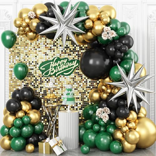 Green Black Gold Balloon Arch Kit, Dark Green Black Balloons Metallic Gold Balloon Garland Kit with Explosion Star Foil Balloons for Graduation Football Army Jungle Birthday Christmas Party Decoration