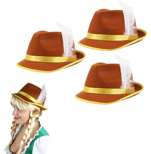 Ladies Bavarian Hat - Pack of 3 - Brown and Yellow Tyrolean Hat with Attached White Feather - Adults Oktoberfest Fancy Dress Costume Accessory