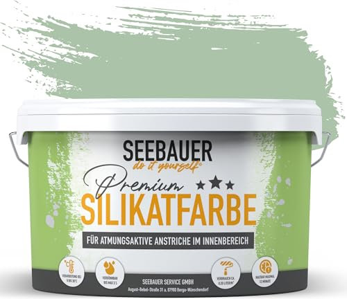 SEEBAUER diy Silikatfarbe Grün 2,5L für Innen (No. 744 Sweet Kiwi) Atmungsaktive Mineralfarbe für Allergiker - Abwaschbare Wandfarbe - Grüntöne hohe Deckkraft