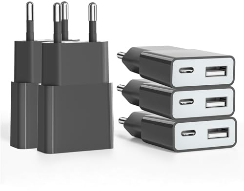 Ultradünnes USB-Ladegerät, 5 V, 1 A, Dual-Port (USB C + USB A) Wandsteckdosenadapter, ideal für iPhone, Android-Telefone, eBook-Reader, Xperia, MP3-Player (Thickness 1.45cm/5 Packs)