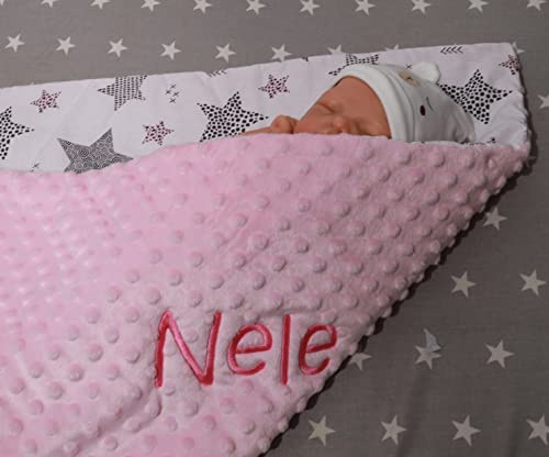 Generisch ★ Babydecke mit Namen und Datum Bestickt ★ Baumwolle ★75x100 cm ★ Füllung ★personalisiert (Hellrosa - Sternen 5)