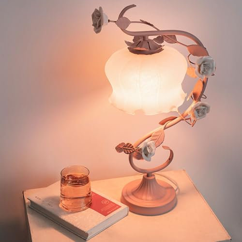 Soffione Doccia Lampada da Tavolo Moderna con Fiori Lampada da Lettura per scrivania in Vetro Rosa Lampade da Comodino da Tavolo nordiche Illuminazione d'accento Luci da Comodino Floreali per