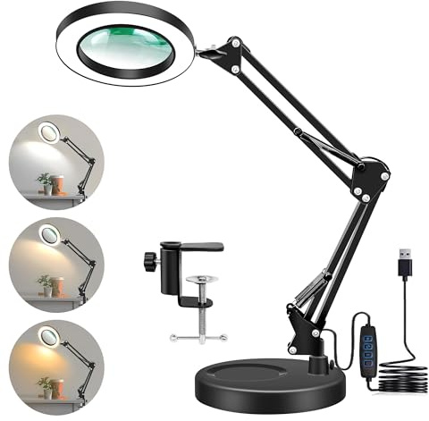 Lupe mit Licht und StäNder, 10X Lupenleuchte mit 3 Farbmod Dimmbare | FreihäNdige Lupenlampe LED für Naharbeiten, Hobbys, Basteln und Lesen, Schwarz