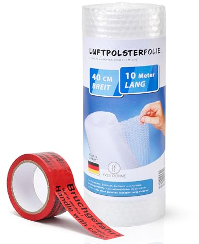 Yves Donne 1x Luftpolsterfolie Umzug Starter-Set 10m x 40cm + Warnband