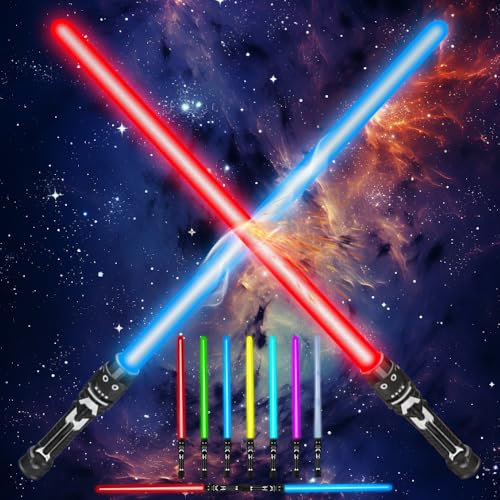 WDKXCN Sabre Laser Enfant, 2 Pièces Lightsaber Télescopiques, 7 Couleurs Sabre Lumineux à LED avec Effets Sonores, 2 en 1 Épée Enfant, Duel Sabre Laser pour Cosplay Fête d'anniversaire Cadeaux