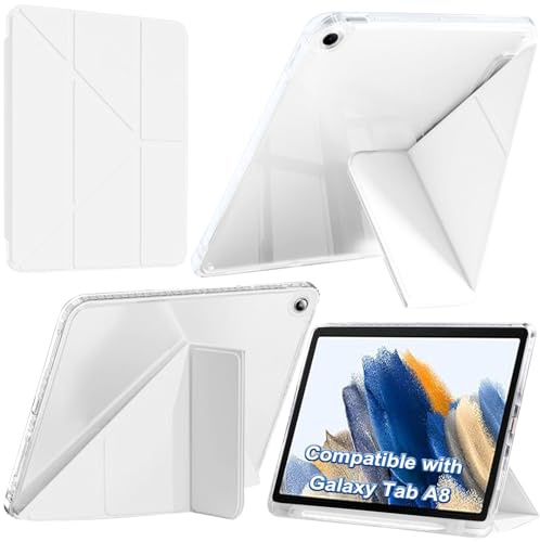 A-BEAUTY Custodia Compatibile con Samsung Galaxy Tab A8 10.5 Pollici (SM-X200/X205/X207) con Portapenne, Cover Trasparente Antiurto, Supporto Trifold 6 in 1 a Forma di Y, Bianco