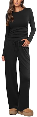 Ekouaer Lounge Wear Sets for Women Two Piece Outfit Ladies Tracksuit Full Set Co Ord Sets Matching Loungewear Ruched Top and Lounge Pants Black M
