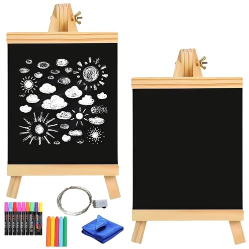 2 Stück Kreidetafel mit Ständer, 29 x 16 cm Schiefertafel zum Beschriften Kompakte Kreidetafel auf Staffelei aus Kiefernholz für Hochzeit Schulbuffet Geburtstagsfeier